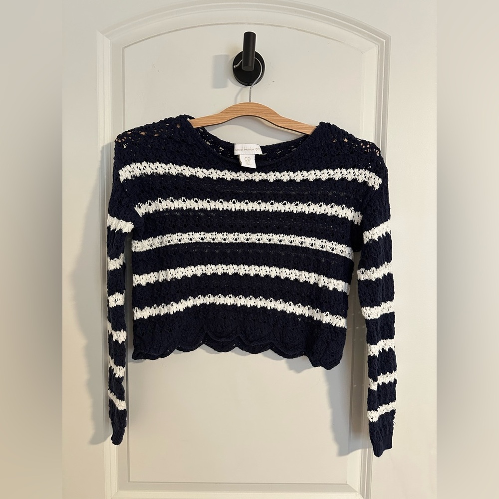 House of Harlow 1960 Navy and White cropped cotton Knit Top Sz xs
